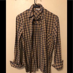 Yellow and blue plaid shirt, gold button details
